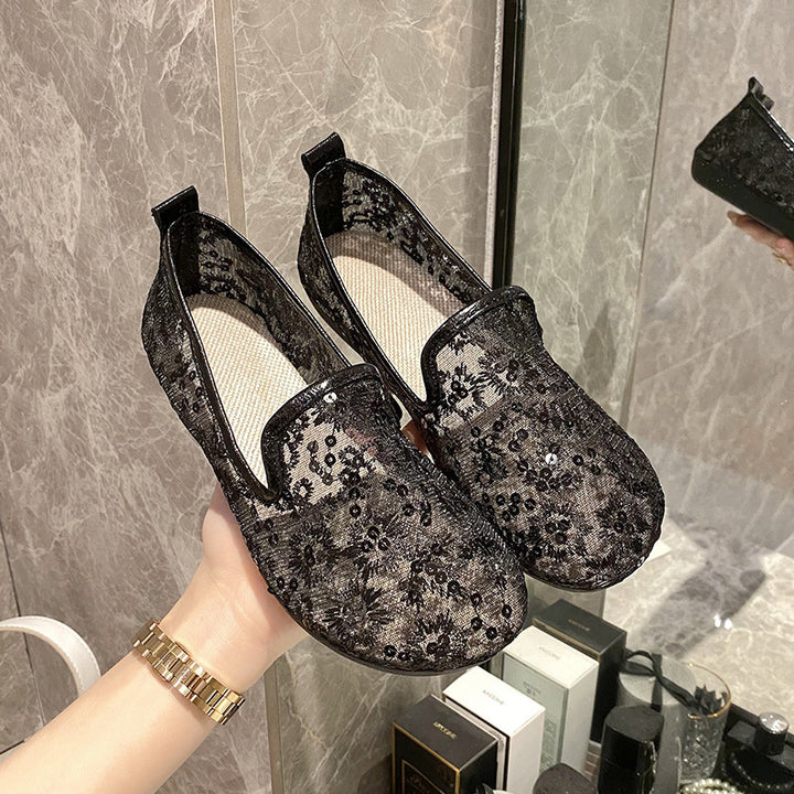 Embroidered Mesh Sequin Slip-On Flats