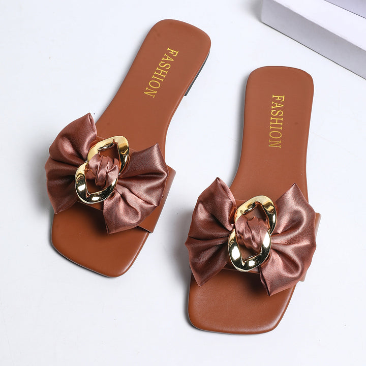 Rhinestone Bow Flat Slide Sandals