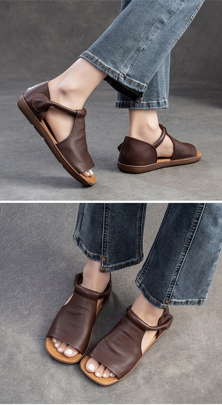 Retro Soft Leather Flat Roman Sandals for Women