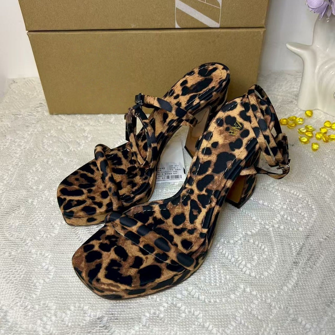 Leopard Print Platform Block Heel Sandals