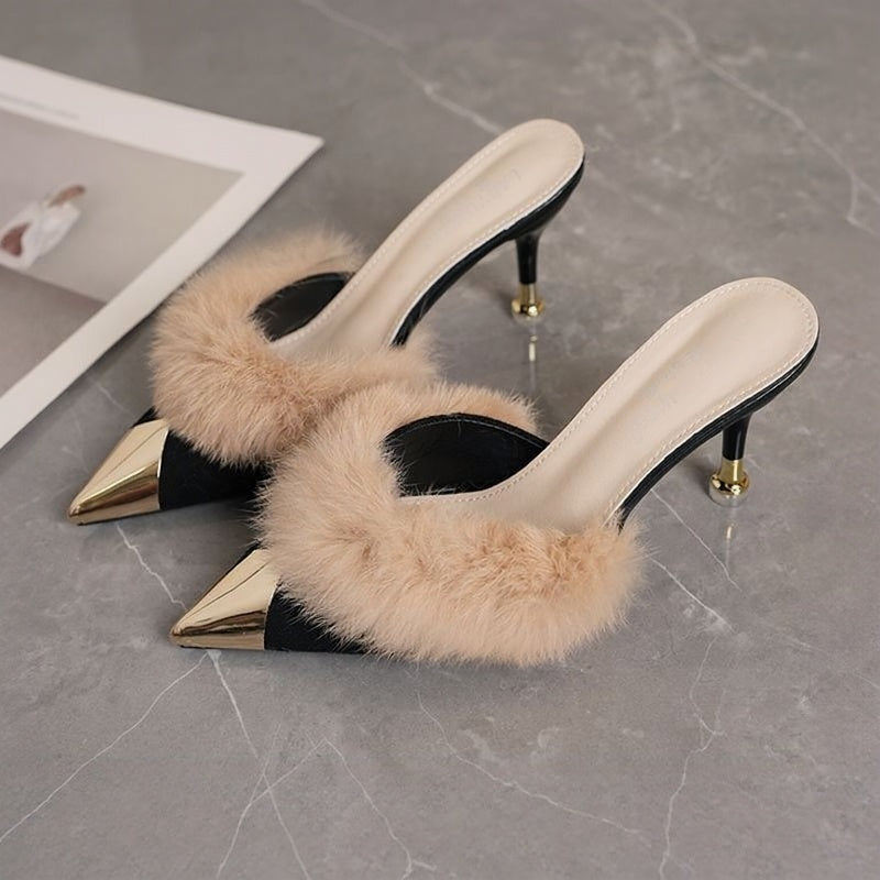 Faux Fur Pointed-Toe Mules with Heels