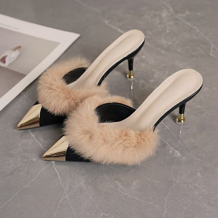 Faux Fur Pointed-Toe Mules with Heels