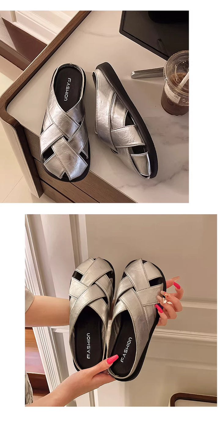 Woven Leather Closed Toe Mule Sandals