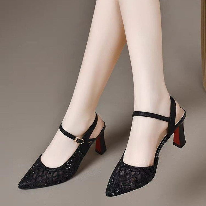 Rhinestone Mesh Pointed Toe Mid Heel Sandals