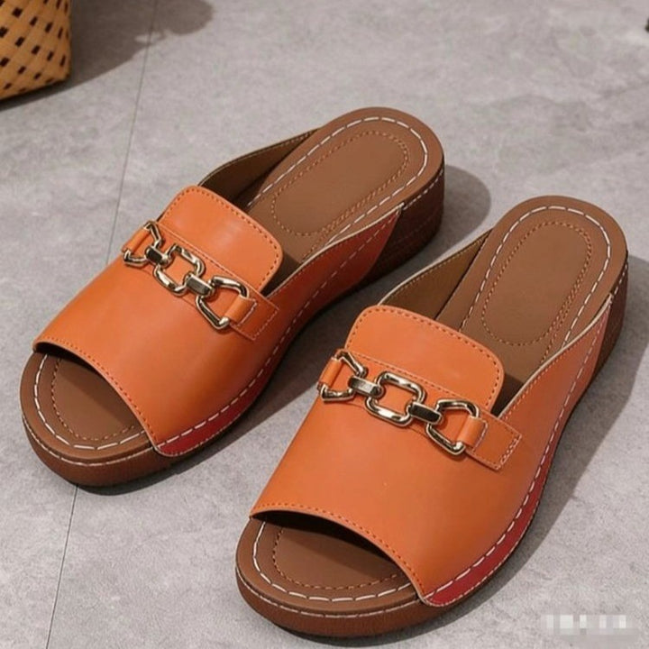 Metallic Accent Platform Slide Sandals