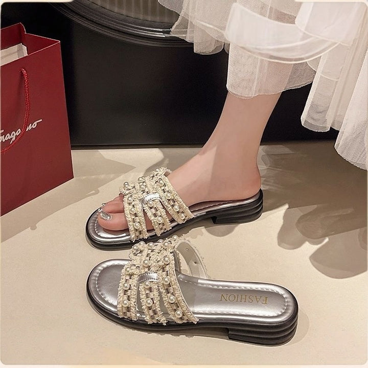Pearl Bow Embellished Slide Sandals