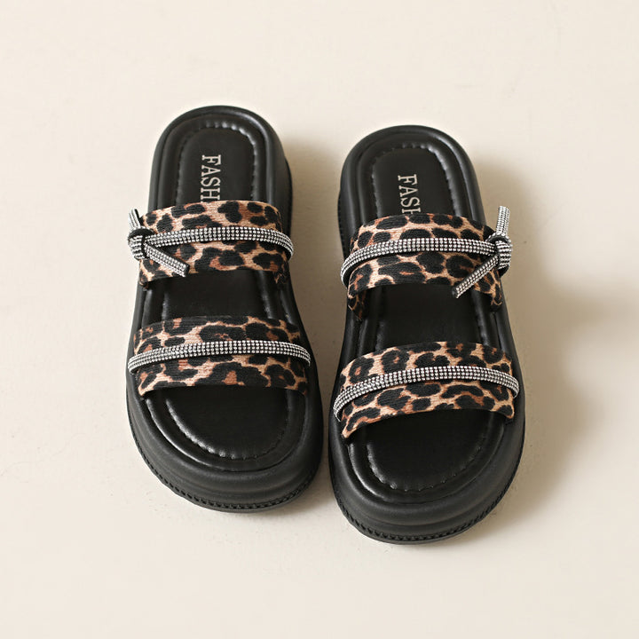 Leopard Rhinestone Platform Slide Sandals