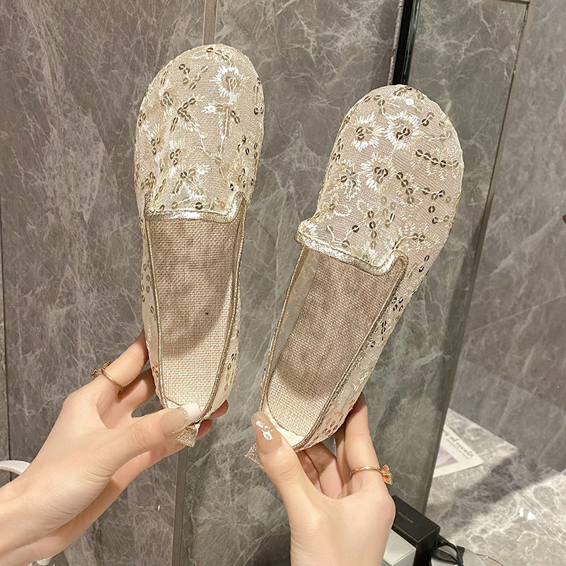 Embroidered Mesh Sequin Slip-On Flats