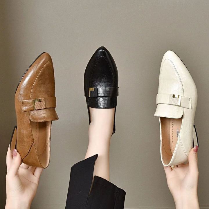 Genuine Leather Pointed Toe Block Heel Pumps