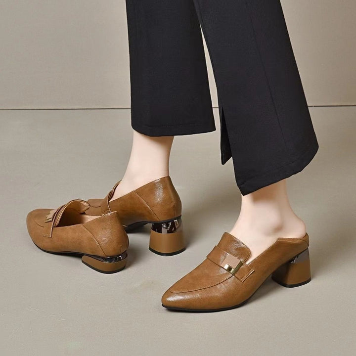 Genuine Leather Pointed Toe Block Heel Pumps