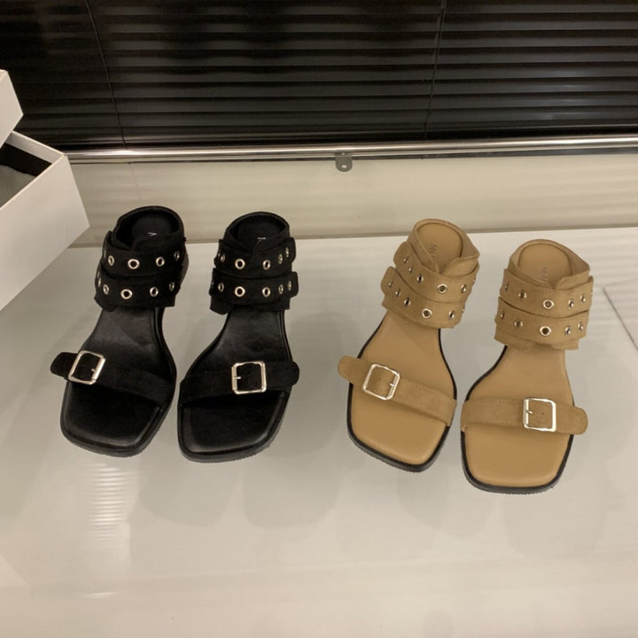 Studded Buckle Strap Flat Sandals