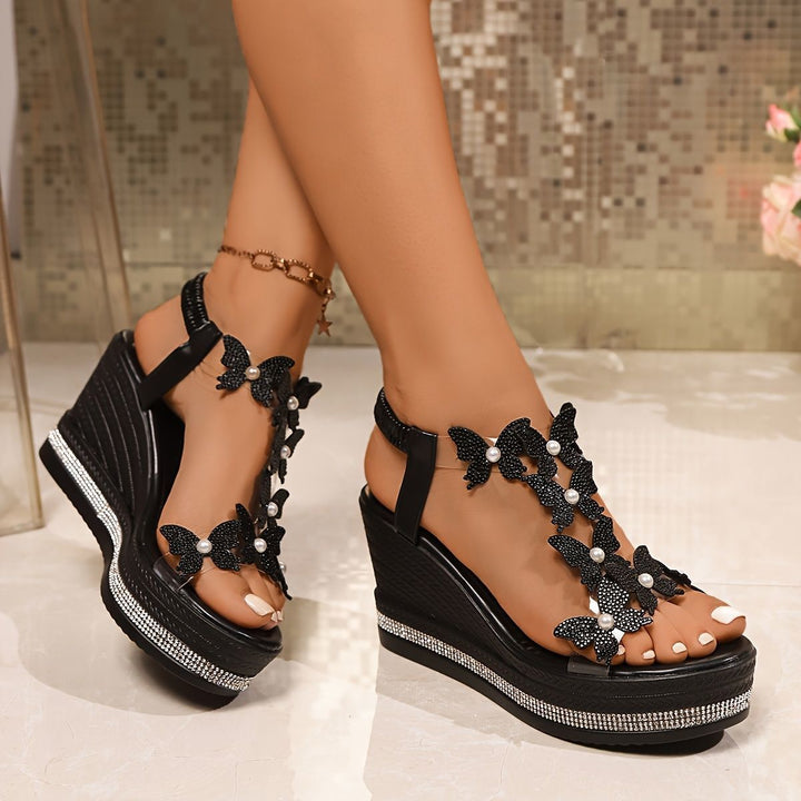 Pearl Bow Wedge Sandals