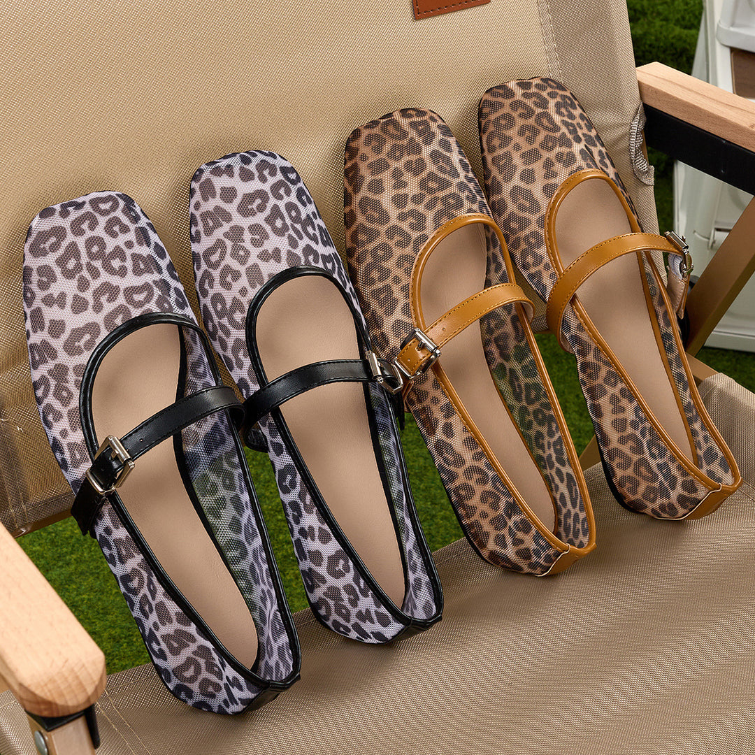 Leopard Mesh Mary Jane Ballet Flats
