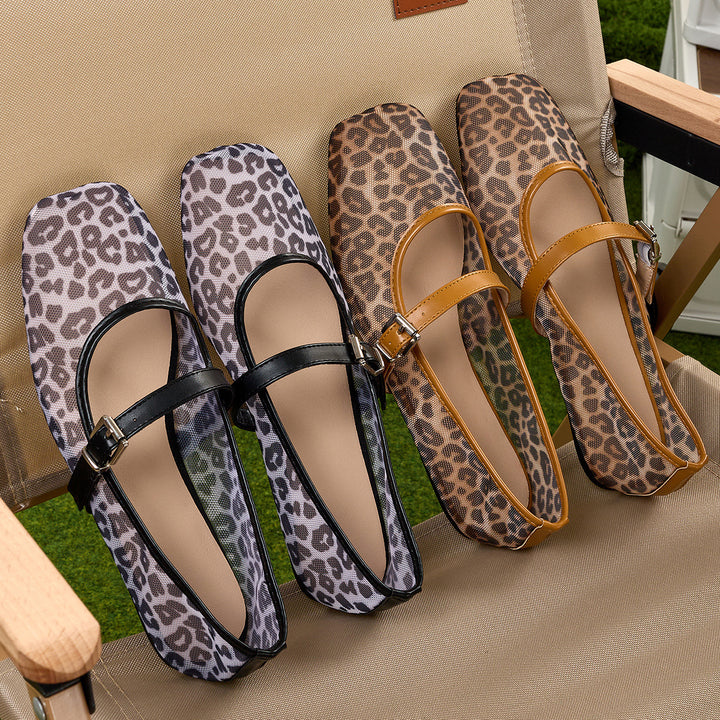 Leopard Mesh Mary Jane Ballet Flats