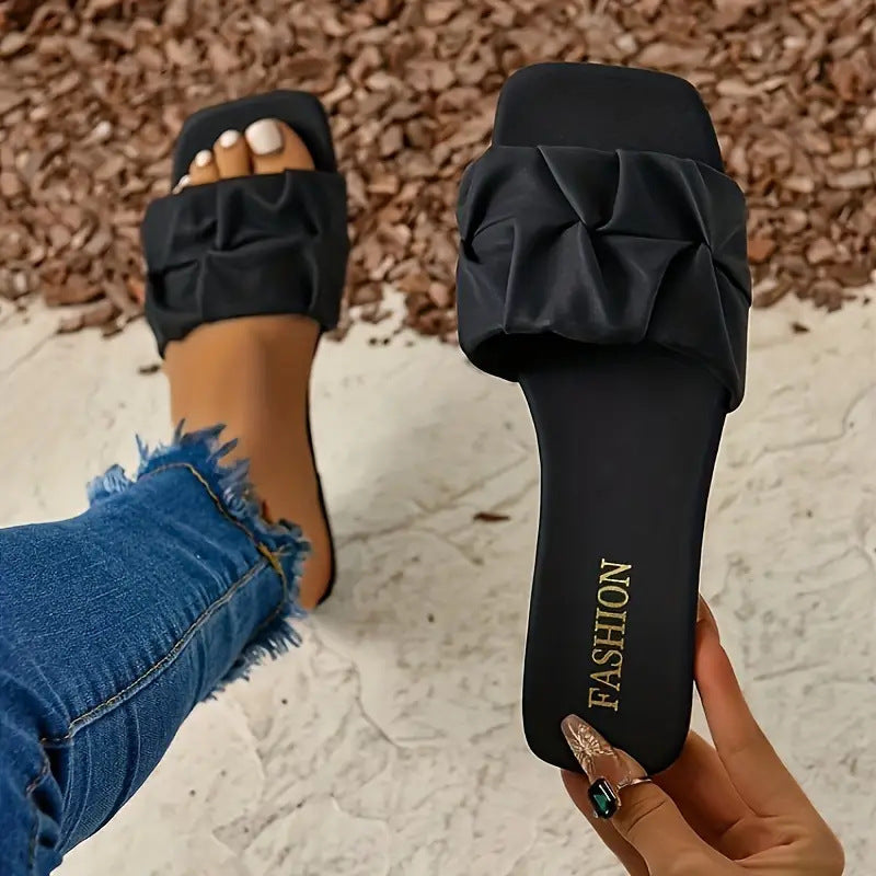Ruched Low Heel Slide Sandals
