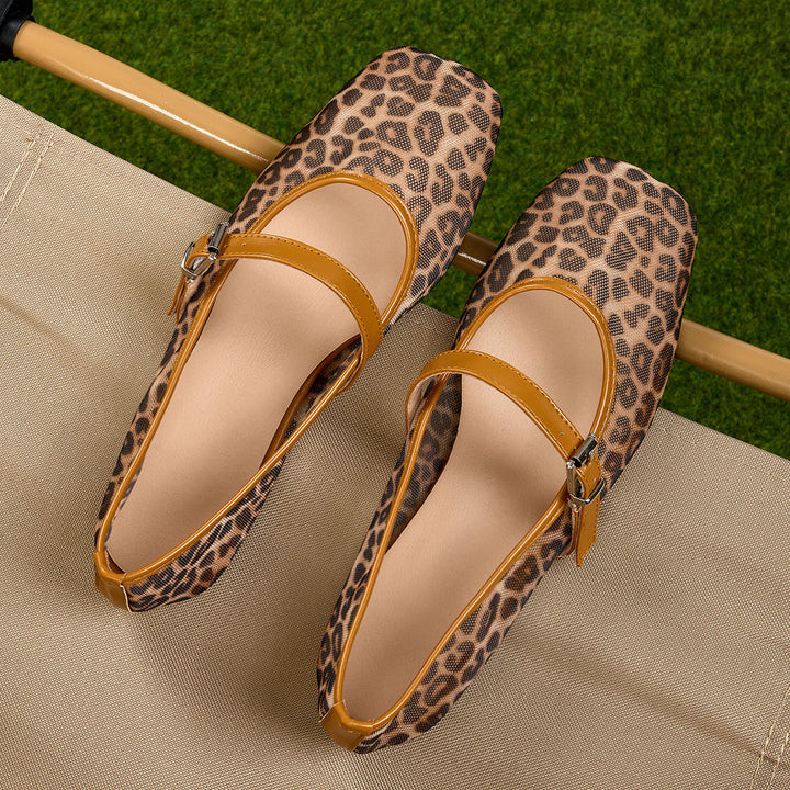 Leopard Mesh Mary Jane Ballet Flats