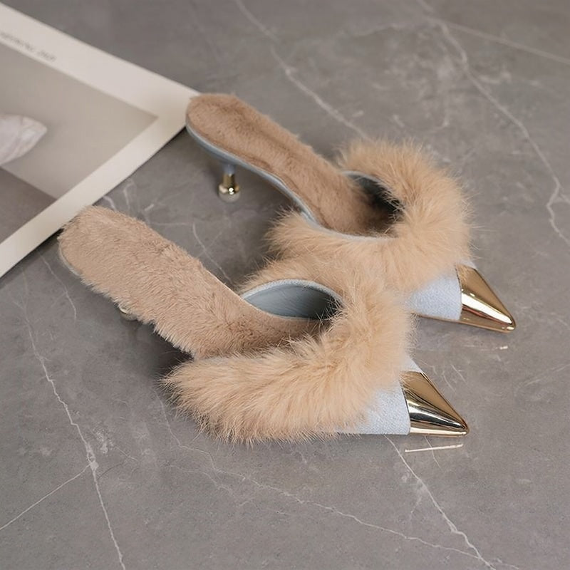 Faux Fur Pointed-Toe Mules with Heels