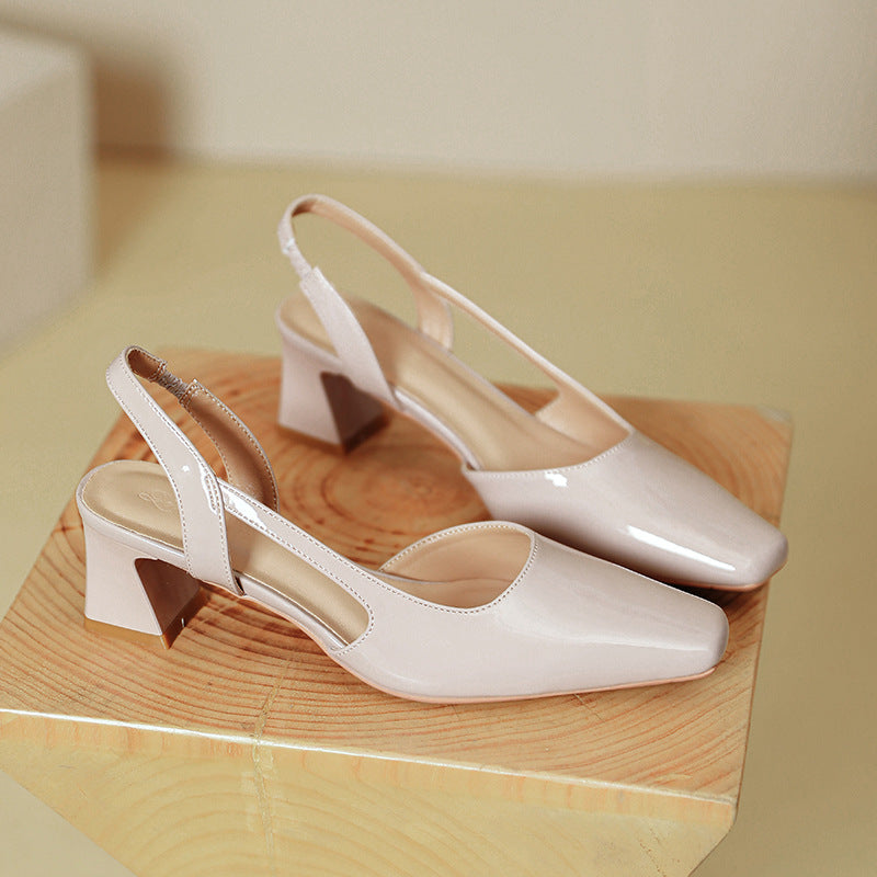 French Square Toe Slingback Block Heel Pumps