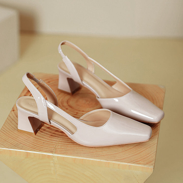 French Square Toe Slingback Block Heel Pumps