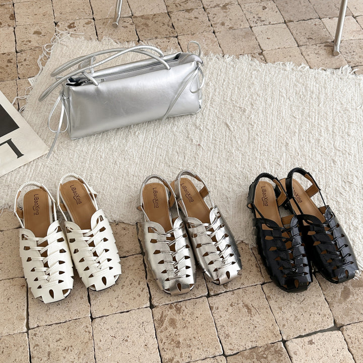 French Woven Cutout Closed Toe Block Heel Sandals