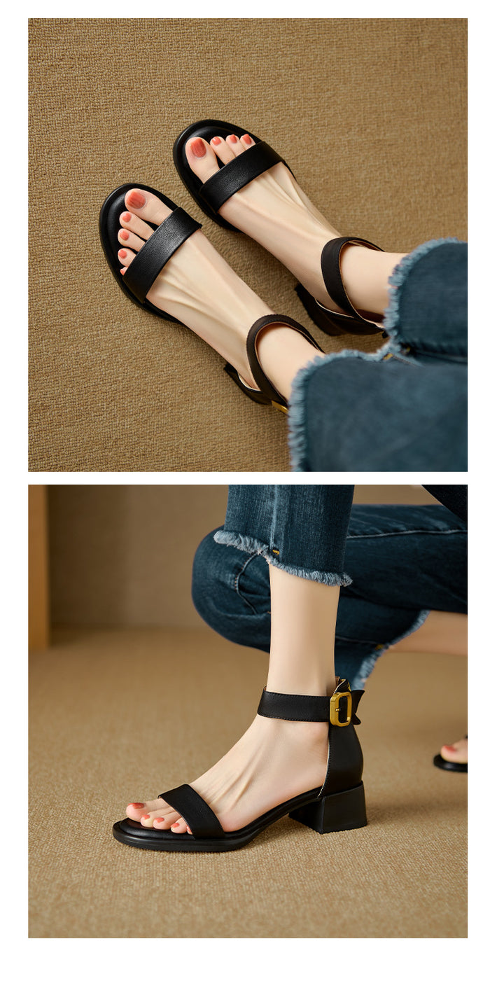 French Vintage Block Heel Strappy Sandals