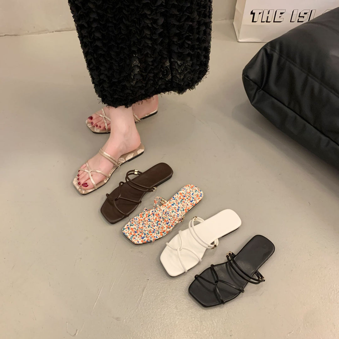 French Square Toe Flat Slide Sandals