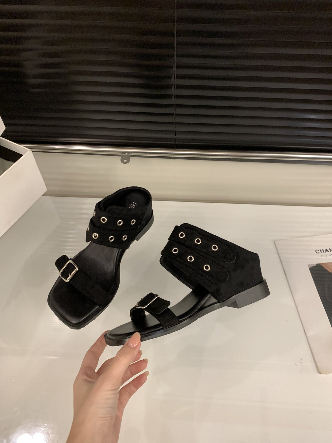Studded Buckle Strap Flat Sandals