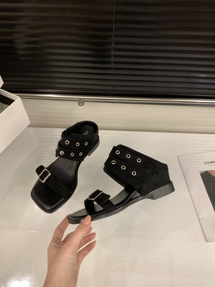 Studded Buckle Strap Flat Sandals