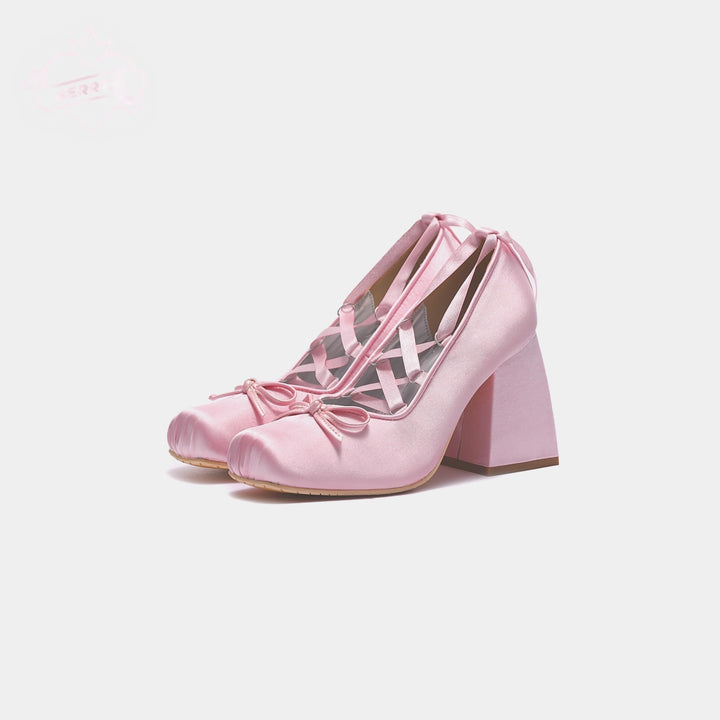 Satin Bow Lace-Up Mary Jane Heels