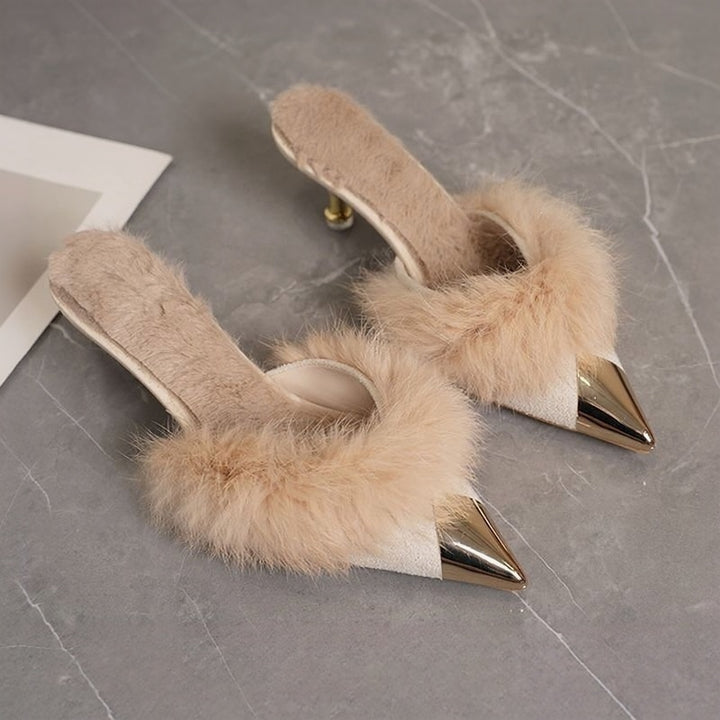Faux Fur Pointed-Toe Mules with Heels