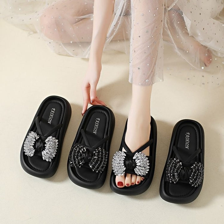 Rhinestone Bow Platform Slide Sandals