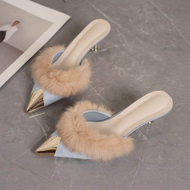 Faux Fur Pointed-Toe Mules with Heels