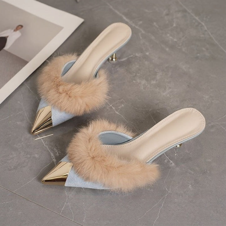 Faux Fur Pointed-Toe Mules with Heels