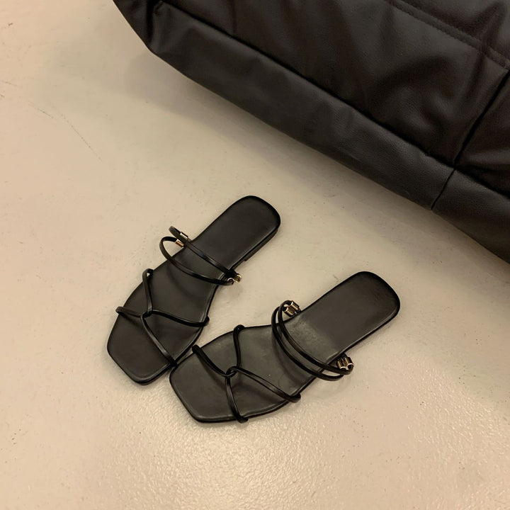 French Square Toe Flat Slide Sandals
