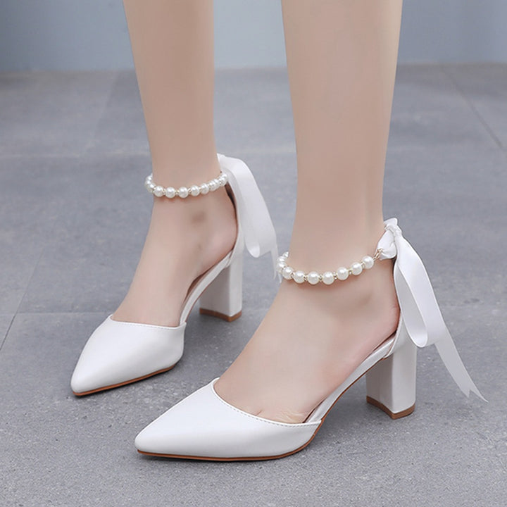 Pearl Strap Pointed Toe Block Heel Pumps