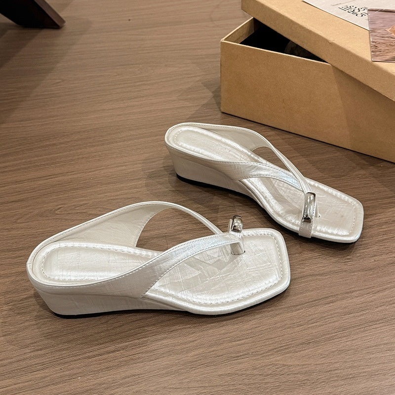 Minimalist Metallic Wedge Flip Flops