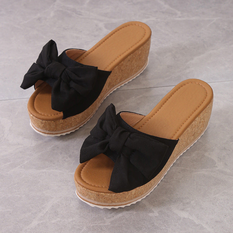 Leopard Bow Platform Slide Sandals