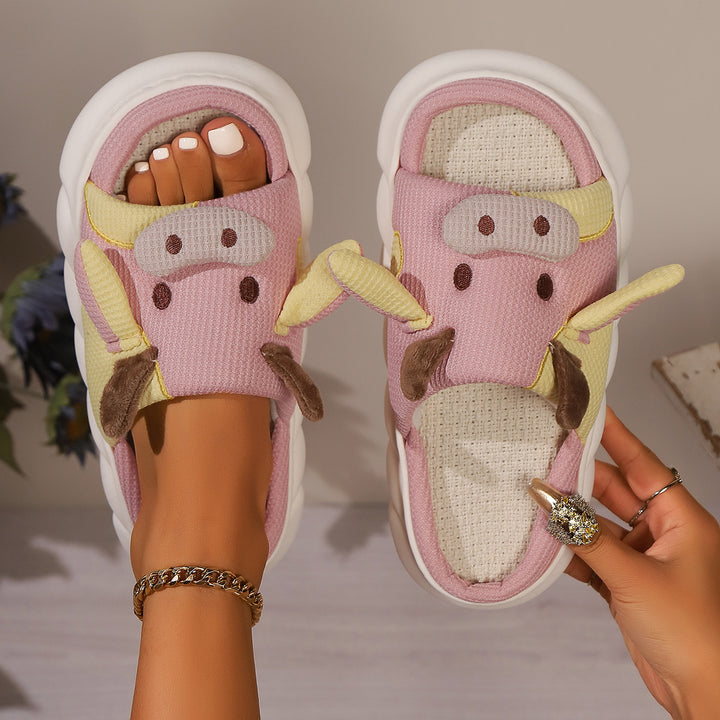 Cute Cow Print Platform Linen Slide Sandals