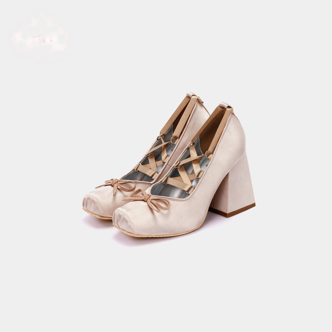 Satin Bow Lace-Up Mary Jane Heels