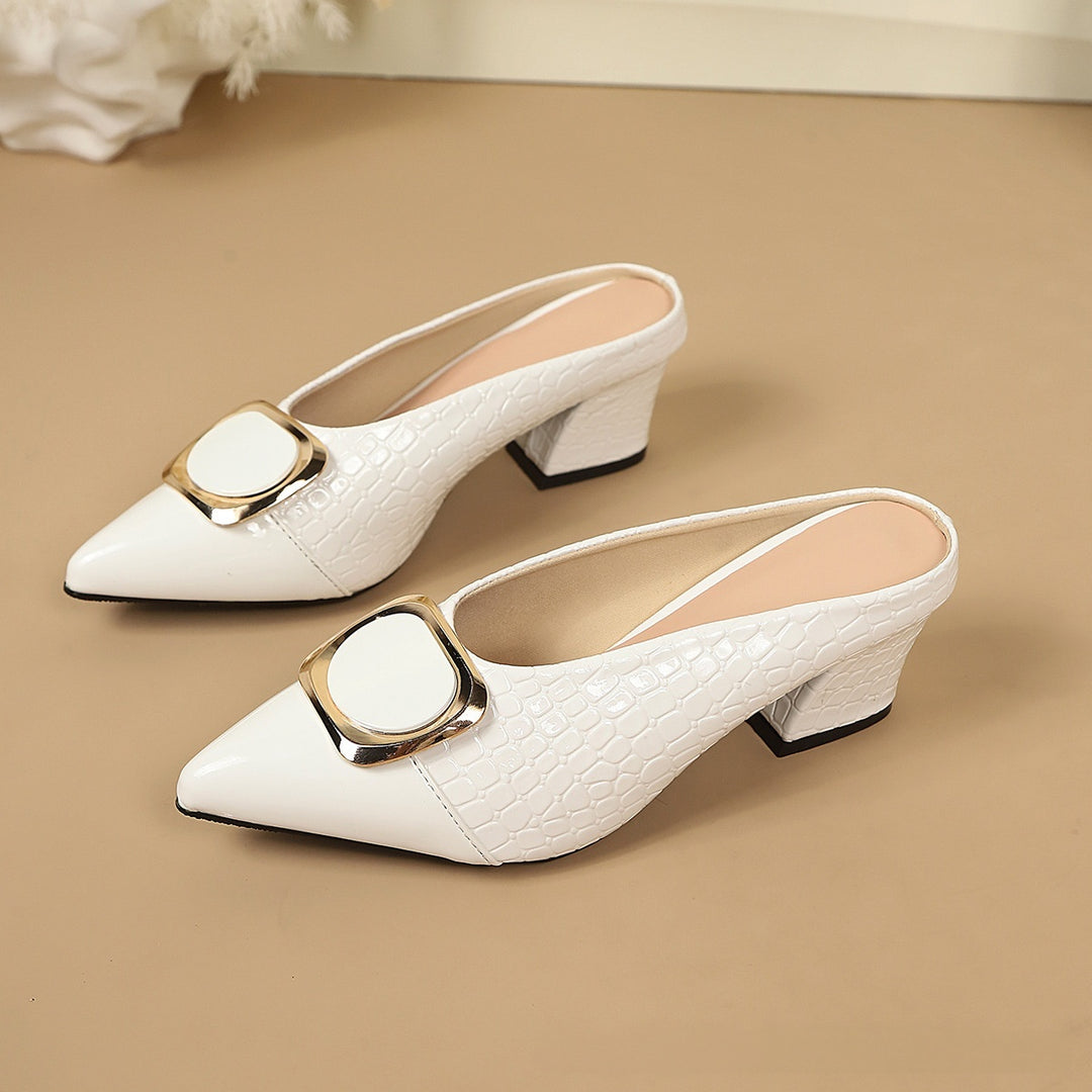 Elegant Square Buckle Pointed Toe Mule Heels