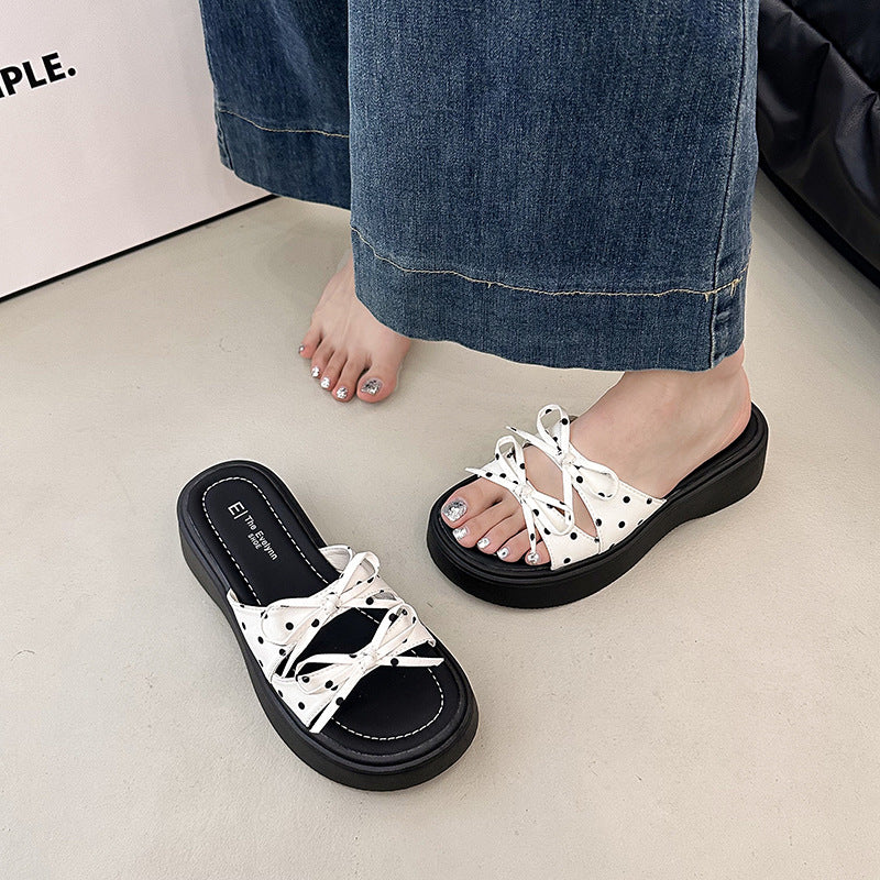 Polka Dot Bow Platform Slide Sandals