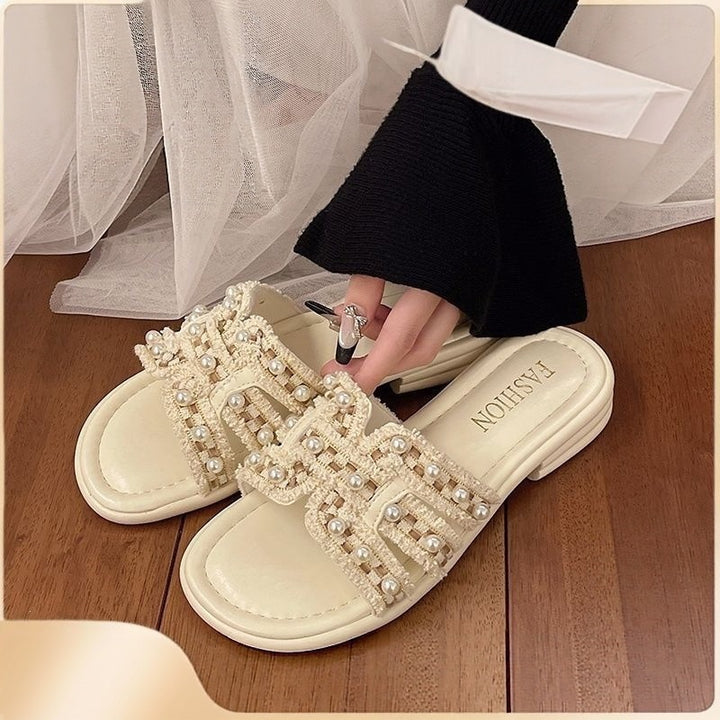 Pearl Bow Embellished Slide Sandals