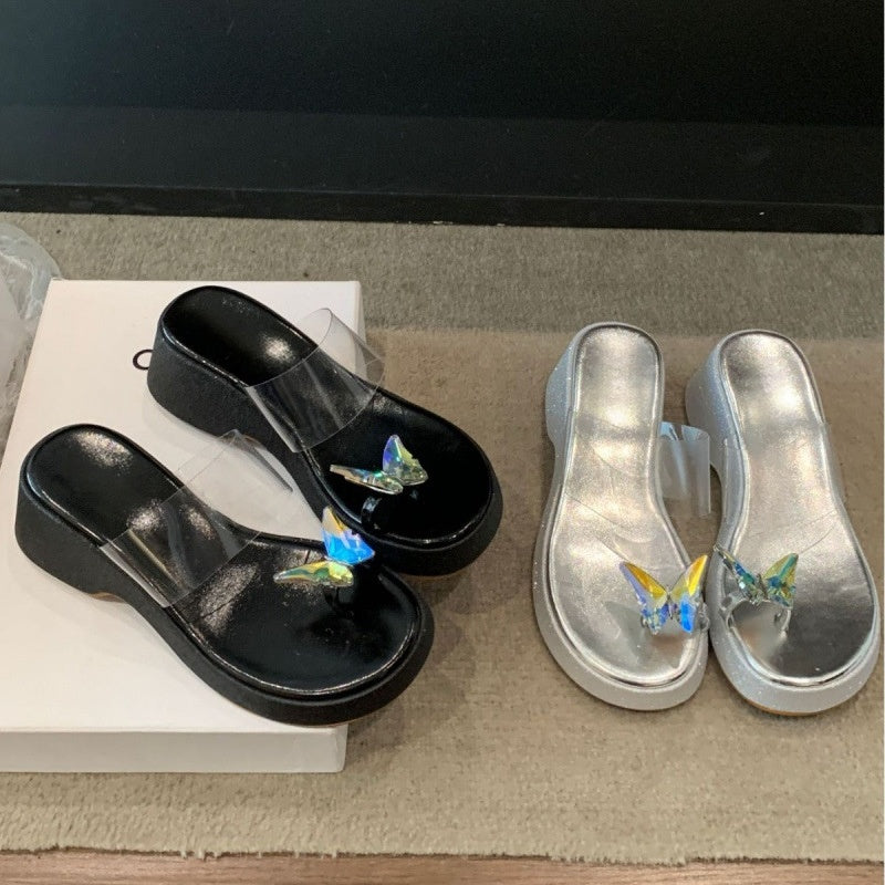 Crystal Butterfly Platform Slide Sandals
