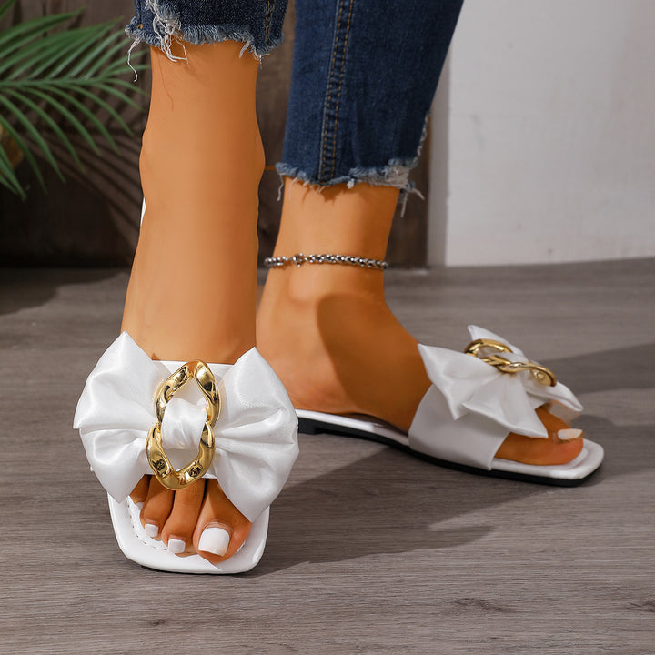 Rhinestone Bow Flat Slide Sandals