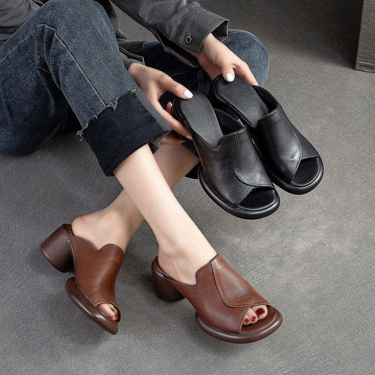 Soft Leather Peep Toe Block Heel Mules