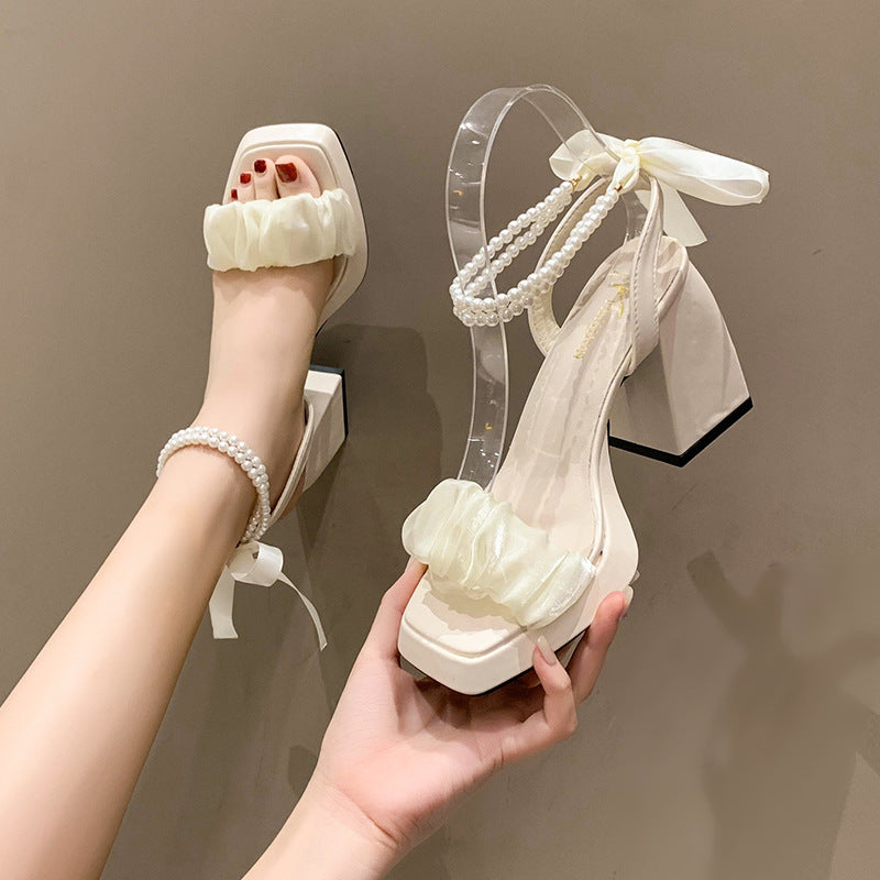 Pearl Strap Block Heel Sandals