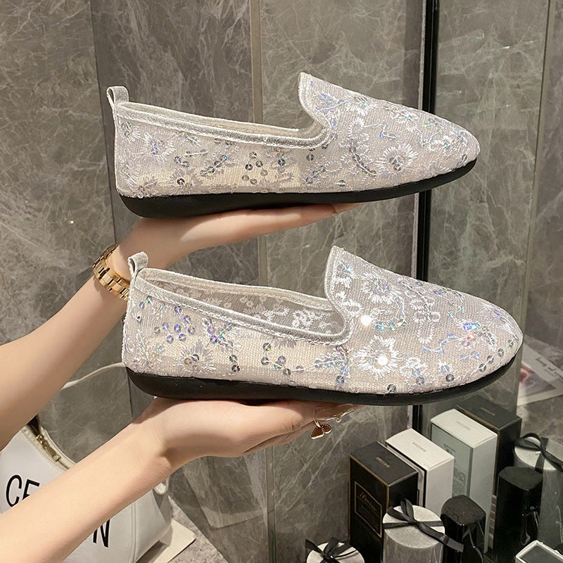 Embroidered Mesh Sequin Slip-On Flats