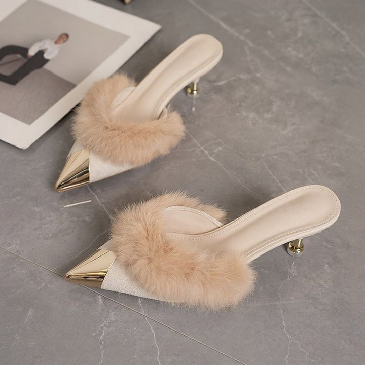 Faux Fur Pointed-Toe Mules with Heels
