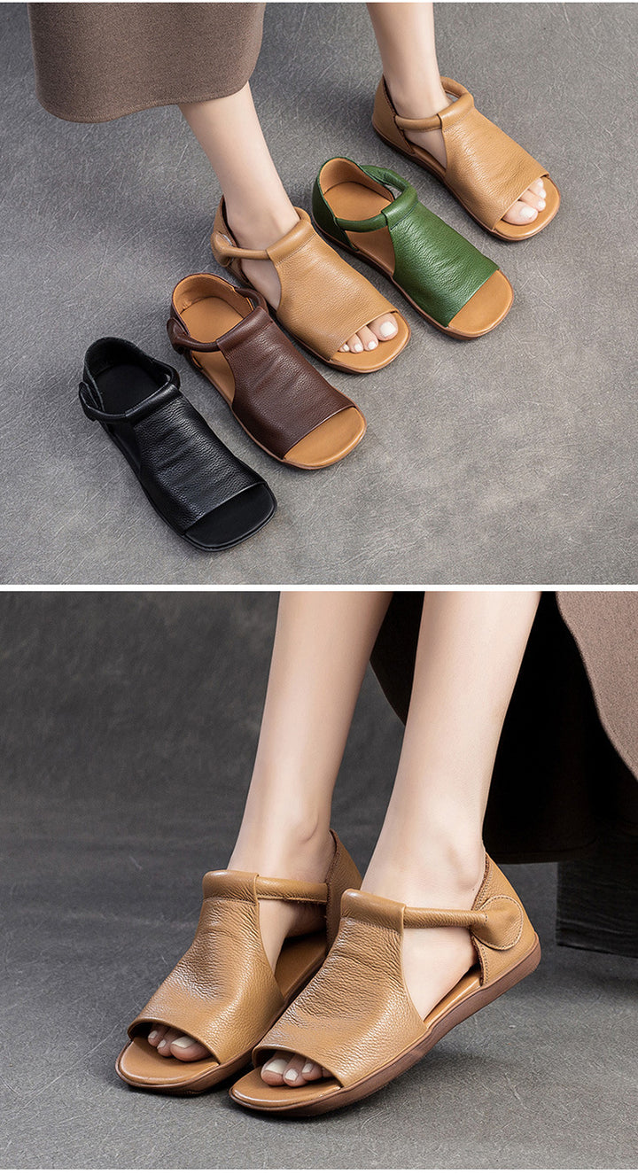 Retro Soft Leather Flat Roman Sandals for Women