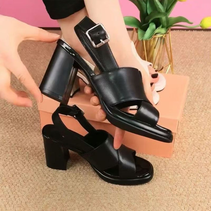 Genuine Leather Platform Block Heel Peep Toe Sandals